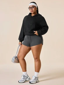 SHEIN Rhythm Era Women's Plus Size Dark Green Print Thermal Lined Thick Sweatshirt Gym Sports Fall Curve Alternative - Black - View 6