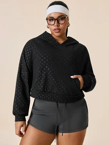 SHEIN Rhythm Era Women's Plus Size Dark Green Print Thermal Lined Thick Sweatshirt Gym Sports Fall Curve Alternative - Black - View 1