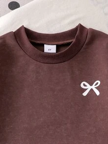 Girls 2 Pieces Set, Round Neck Long Sleeve Sweatshirt With Small Bow Embroidery, Wide Leg Long Pants With White Bow Decor, Baby Western Fall Birthday - Brown - View 3