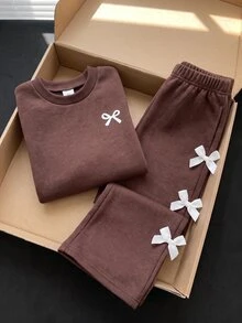 Girls 2 Pieces Set, Round Neck Long Sleeve Sweatshirt With Small Bow Embroidery, Wide Leg Long Pants With White Bow Decor, Baby Western Fall Birthday - Brown - View 1