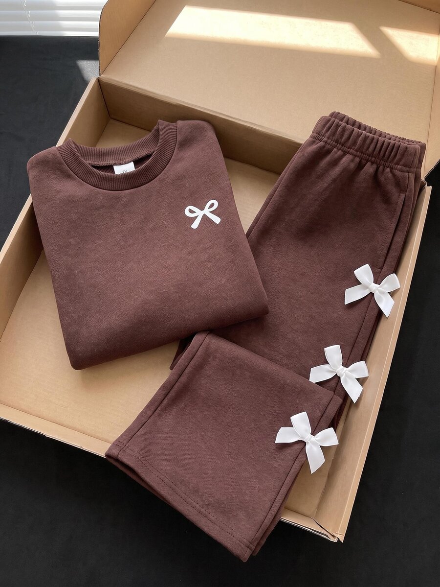 Girls 2 Pieces Set, Round Neck Long Sleeve Sweatshirt With Small Bow Embroidery, Wide Leg Long Pants With White Bow Decor, Baby Western Fall Birthday - Brown - View 1