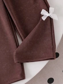 Girls 2 Pieces Set, Round Neck Long Sleeve Sweatshirt With Small Bow Embroidery, Wide Leg Long Pants With White Bow Decor, Baby Western Fall Birthday - Brown - View 10