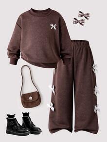 Girls 2 Pieces Set, Round Neck Long Sleeve Sweatshirt With Small Bow Embroidery, Wide Leg Long Pants With White Bow Decor, Baby Western Fall Birthday - Brown - View 4