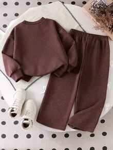 Girls 2 Pieces Set, Round Neck Long Sleeve Sweatshirt With Small Bow Embroidery, Wide Leg Long Pants With White Bow Decor, Baby Western Fall Birthday - Brown - View 2