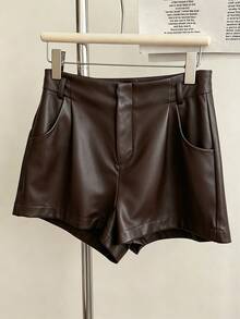 Franclia Women's Casual Everyday Commute Minimalist Solid Color PU Leather Pleated Waist Shorts, Summer - Brown - View 4