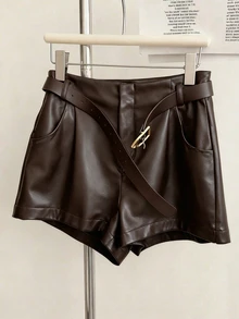 Franclia Women's Casual Everyday Commute Minimalist Solid Color PU Leather Pleated Waist Shorts, Summer - Brown - View 3