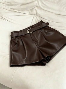 Franclia Women's Casual Everyday Commute Minimalist Solid Color PU Leather Pleated Waist Shorts, Summer - Brown - View 6