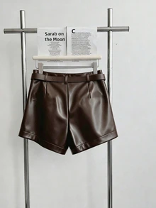 Franclia Women's Casual Everyday Commute Minimalist Solid Color PU Leather Pleated Waist Shorts, Summer - Brown - View 2