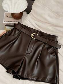 Franclia Women's Casual Everyday Commute Minimalist Solid Color PU Leather Pleated Waist Shorts, Summer - Brown - View 5