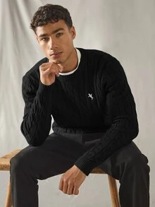 HIMLAND Men Knitted Casual Loose Fit Long Sleeve Sweater, Stylish And Youthful Cable Knit Sweater, Couple Things, For Daily Wear, For Fall Winter, Spring - Black - View 7