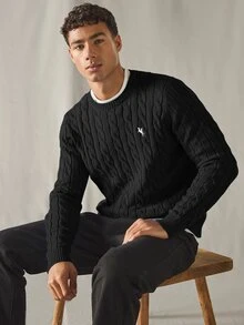 HIMLAND Men Knitted Casual Loose Fit Long Sleeve Sweater, Stylish And Youthful Cable Knit Sweater, Couple Things, For Daily Wear, For Fall Winter, Spring - Black - View 3