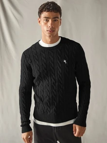 HIMLAND Men Knitted Casual Loose Fit Long Sleeve Sweater, Stylish And Youthful Cable Knit Sweater, Couple Things, For Daily Wear, For Fall Winter, Spring - Black - View 4