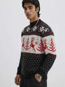 Manfinity Homme Men's Christmas Pattern Casual Daily Wear Long Sleeve Sweater , Old Money - Black and White - View 6