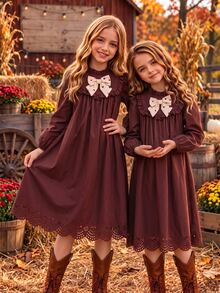 Tween Girl Fall Dress Cute Matching Ruffle Trim Bow Knot Long Sleeve Laser Cut Hem Vintage A-Line Birthday Party Thanksgiving Dark Brown - Brown - View 6