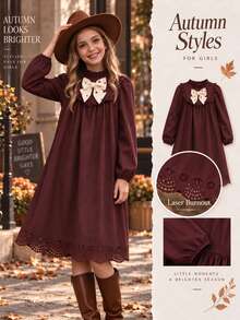 Tween Girl Fall Dress Cute Matching Ruffle Trim Bow Knot Long Sleeve Laser Cut Hem Vintage A-Line Birthday Party Thanksgiving Dark Brown - Brown - View 4