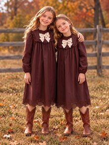 Tween Girl Fall Dress Cute Matching Ruffle Trim Bow Knot Long Sleeve Laser Cut Hem Vintage A-Line Birthday Party Thanksgiving Dark Brown - Brown - View 5