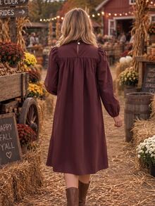 Tween Girl Fall Dress Cute Matching Ruffle Trim Bow Knot Long Sleeve Laser Cut Hem Vintage A-Line Birthday Party Thanksgiving Dark Brown - Brown - View 2