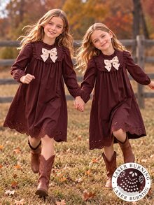 Tween Girl Fall Dress Cute Matching Ruffle Trim Bow Knot Long Sleeve Laser Cut Hem Vintage A-Line Birthday Party Thanksgiving Dark Brown - Brown - View 7