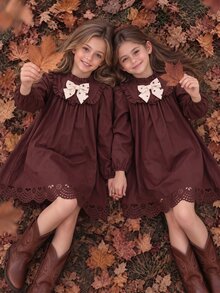 Tween Girl Fall Dress Cute Matching Ruffle Trim Bow Knot Long Sleeve Laser Cut Hem Vintage A-Line Birthday Party Thanksgiving Dark Brown - Brown - View 1