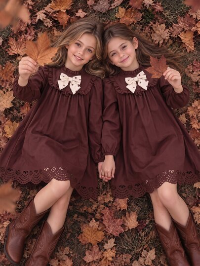 Tween Girl Autumn Winter Dress Elegant Ruffle Trim Bow Knot Long Sleeve Solid Color Laser Cut Hem Vintage A-Line Princess Dresses Birthday Party