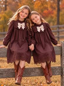 Tween Girl Fall Dress Cute Matching Ruffle Trim Bow Knot Long Sleeve Laser Cut Hem Vintage A-Line Birthday Party Thanksgiving Dark Brown - Brown - View 8