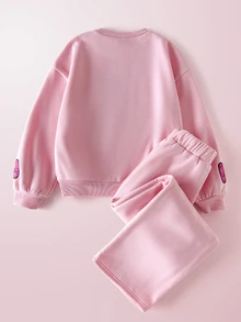 HELLO KITTY AND FRIENDS | SHEIN 青少年女孩運動衫套裝，秋冬休閒保暖內裡加厚圓領運動衫與寬腿長褲套裝，兒童款 - 粉色 - 查看 2