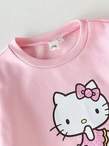 HELLO KITTY AND FRIENDS | SHEIN 青少年女孩運動衫套裝，秋冬休閒保暖內裡加厚圓領運動衫與寬腿長褲套裝，兒童款 - 粉色 - 查看 4