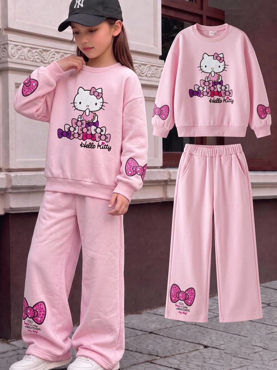 HELLO KITTY AND FRIENDS | SHEIN 青少年女孩運動衫套裝，秋冬休閒保暖內裡加厚圓領運動衫與寬腿長褲套裝，兒童款 - 粉色 - 查看 1