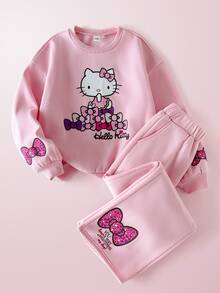 HELLO KITTY AND FRIENDS | SHEIN 青少年女孩運動衫套裝，秋冬休閒保暖內裡加厚圓領運動衫與寬腿長褲套裝，兒童款 - 粉色 - 查看 3