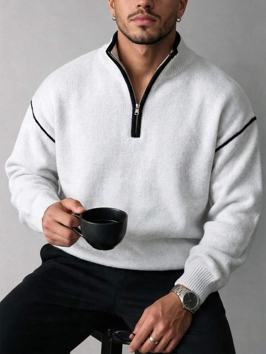 Manfinity Homme 男士秋冬拼接色半拉鍊長袖休閒毛衣 - 白色 - 查看 1