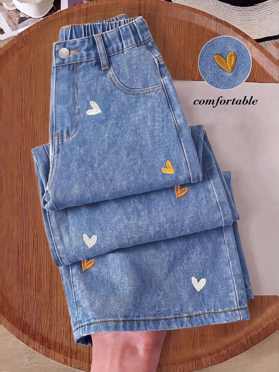 SHEIN Young Girls Fashionable Cute Street Style Heart Embroidered Loose Fit Straight Leg Denim Jeans Autumn Winter - Blue - View 1