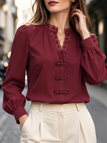 Linhara CURVE Plus Size Women's Autumn/Winter Burgundy Casual Chinese Knot Button Long Sleeve Simple Shirt Suitable For Home And Outings - Burgundy - View 4