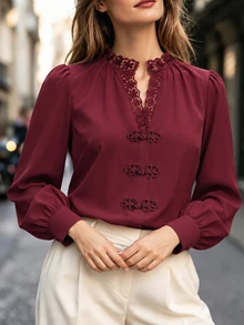 Linhara CURVE Plus Size Women's Autumn/Winter Burgundy Casual Chinese Knot Button Long Sleeve Simple Shirt Suitable For Home And Outings - Burgundy - View 3