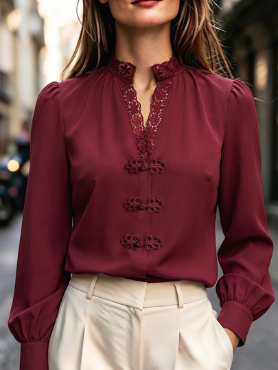 Linhara CURVE Plus Size Women's Autumn/Winter Burgundy Casual Chinese Knot Button Long Sleeve Simple Shirt Suitable For Home And Outings