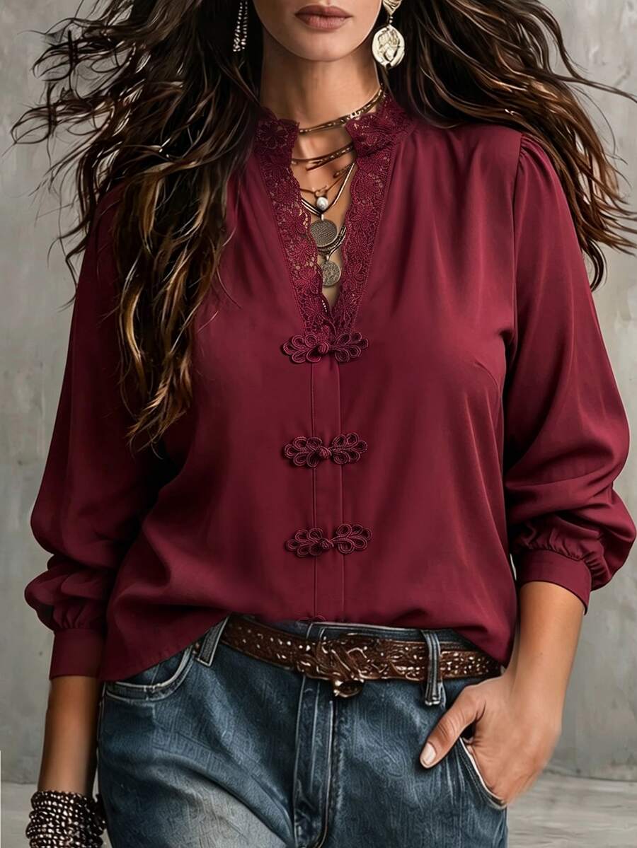 Linhara CURVE Plus Size Women's Autumn/Winter Burgundy Casual Chinese Knot Button Long Sleeve Simple Shirt Suitable For Home And Outings Fall - Burgundy - View 1