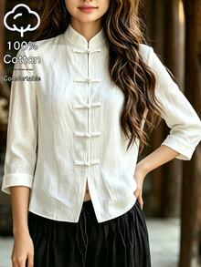 SHEIN Blusa corta de tela texturizada blanco puro con cuello alto, cierre frontal de 5 botones, botones de rana de estilo chino de un carácter, puños doblados 3/4, estilo chino retro minimalista holgado para uso diario, nueva camisa de abrigo de estilo chino - Blanco - Ver 8