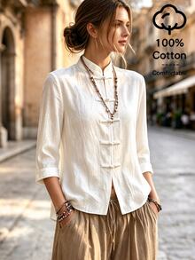 SHEIN Blusa corta de tela texturizada blanco puro con cuello alto, cierre frontal de 5 botones, botones de rana de estilo chino de un carácter, puños doblados 3/4, estilo chino retro minimalista holgado para uso diario, nueva camisa de abrigo de estilo chino - Blanco - Ver 5