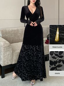 Modelyn Vintage V-Neck Velvet Jacquard Metal Buckle Decor Long Sleeve Slim Fit Flattering A-Line Midi Dress For Women, Elegant Formal - Black - View 6