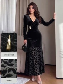 Modelyn Vintage V-Neck Velvet Jacquard Metal Buckle Decor Long Sleeve Slim Fit Flattering A-Line Midi Dress For Women, Elegant Formal - Black - View 2