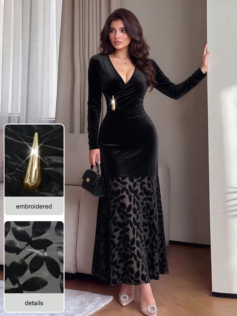 Modelyn Vintage V-Neck Velvet Jacquard Metal Buckle Decor Long Sleeve Slim Fit Flattering A-Line Midi Dress For Women, Elegant Formal