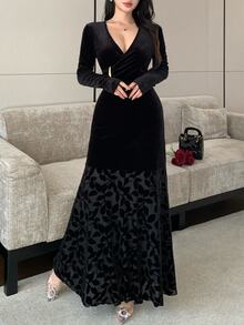 Modelyn Vintage V-Neck Velvet Jacquard Metal Buckle Decor Long Sleeve Slim Fit Flattering A-Line Midi Dress For Women, Elegant Formal - Black - View 11