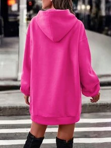SHEIN 字母圖案落肩連帽衛衣洋裝 桃粉色與白色 秋季休閒街頭風 校園日常穿搭 - 玫紅色 - 查看 2