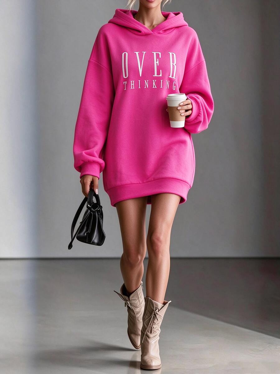 SHEIN 字母圖案落肩連帽衛衣洋裝 桃粉色與白色 秋季休閒街頭風 校園日常穿搭 - 玫紅色 - 查看 1
