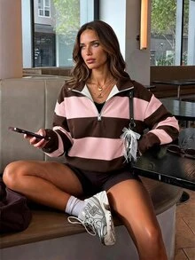 Aloruh كنزة نسائية كاجوال متعددة الاستخدامات باللون البني المخطط لفصل الخريف المبكر، مناسبة للارتداء في الأماكن المفتوحة، كنزة بأسلوب بريبي - متعدد الألوان - مشاهدة 2
