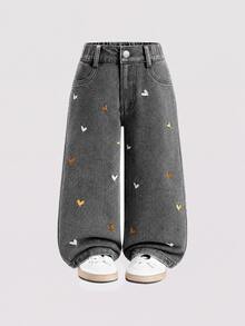 SHEIN Girls' Fashionable Cute Street Style Cowgirl Heart Embroidered Loose Straight Leg Denim Jeans Fall - Grey - View 3