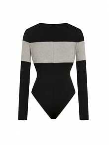 Elenzga 2025 Women's Casual Chic Patchwork Ribbed Brushed Round Neck Fitted Bodysuit, Versatile Long Sleeve Everyday Wear Going Out, Spring/Autumn Black - Multicolor - View 2