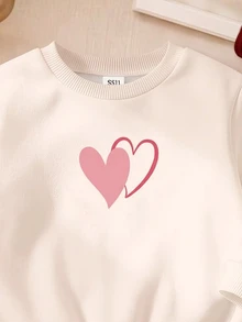 奶油白與柔粉色，波點愛心圖案❤，女童休閒抓絨圓領長袖衛衣與內搭褲2件套，適合秋冬，日常穿著、運動、快樂假期、外出，甜美慵懶，隨性時尚，女孩風格 - 彩色 - 查看 7