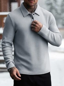 Manfinity CasualCool 男士長袖純色休閒成熟風 Polo 衫，秋冬款，正式 - 灰色 - 查看 4