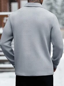 Manfinity CasualCool 男士長袖純色休閒成熟風 Polo 衫，秋冬款，正式 - 灰色 - 查看 2