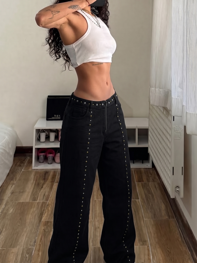 Jeanoix Y2K Plus Size Women's Fashion Studs Decorated Washed Denim Wide Leg Pants - Black - View 5